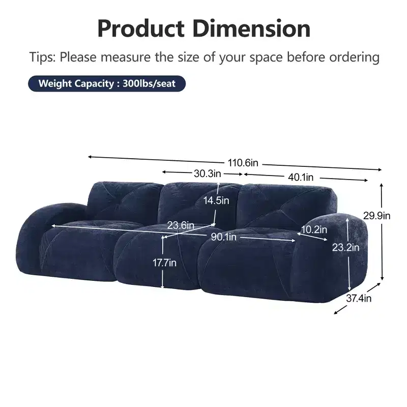 Clihome 110Boneless Sofa With Tufted,Soft Velvet Fabric,Modular Sectional Sofa,32D High Density Sponge,Anti-Slip Design,Ergonomic Design Bottom