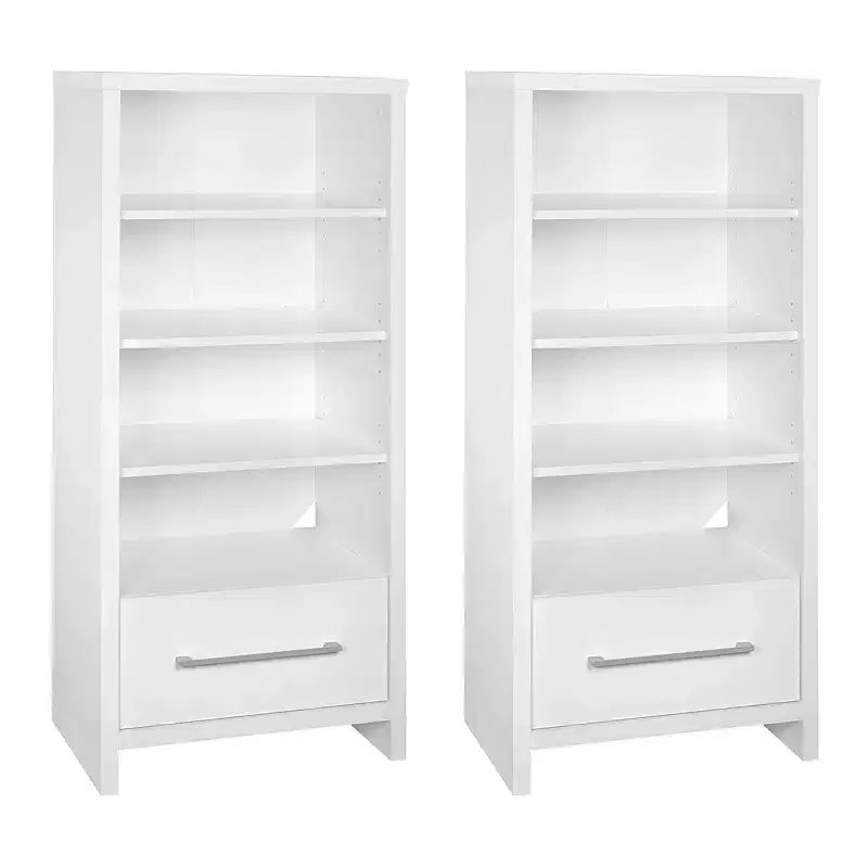 White Media Storage Tower Bookcase with Drawer – 5 Shelves, 2 Pack