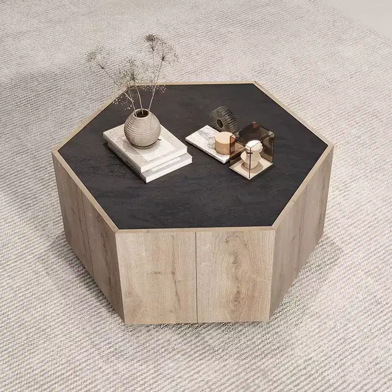 Acekool Industrial Rustic Hexagonal Coffee Table, Oak & Textured Gray Finish, Dual Drawers, Waterproof Top, 31.81x27.56x15.75
