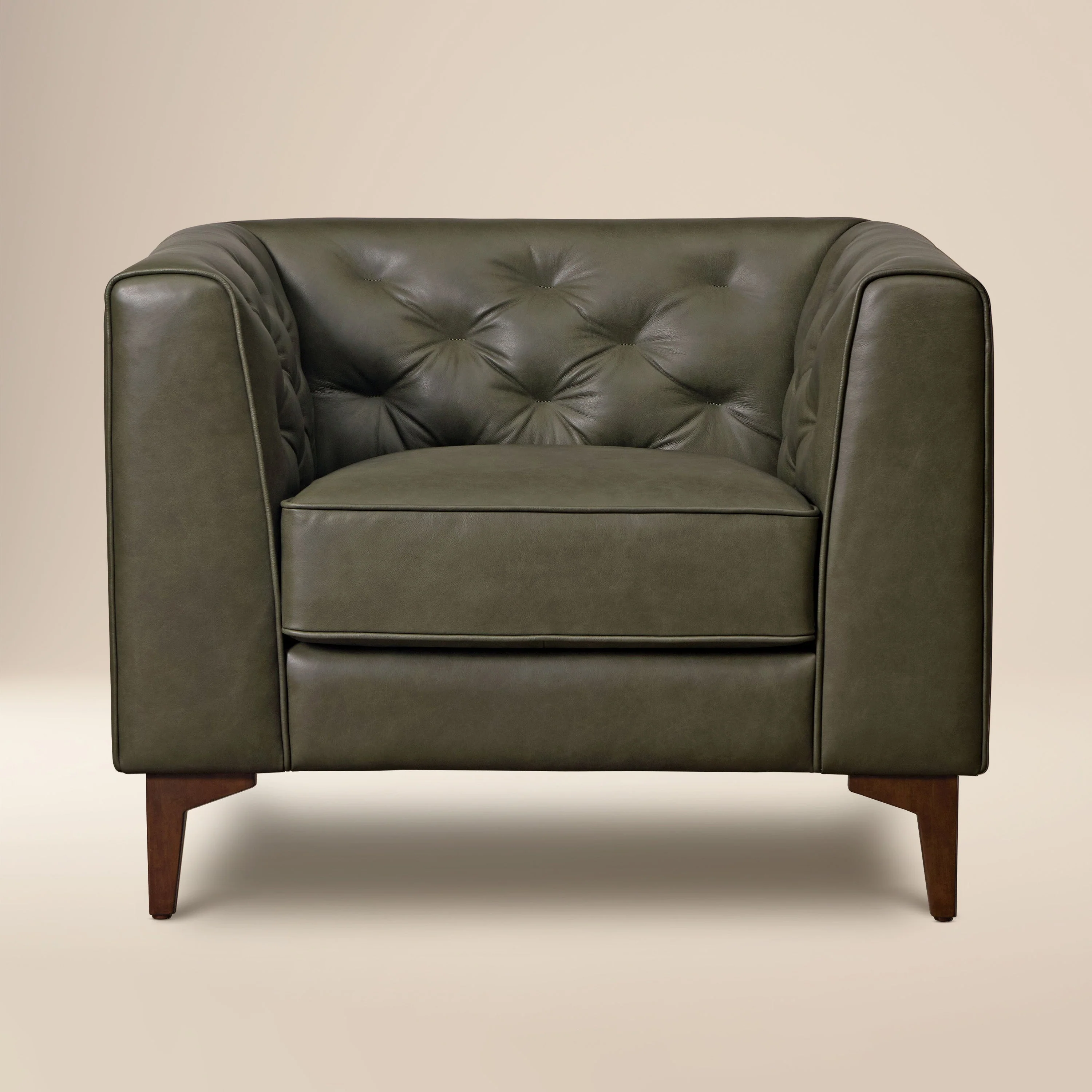 Modern Classic Olivine Green Leather Lounge Chair with Tufted Back