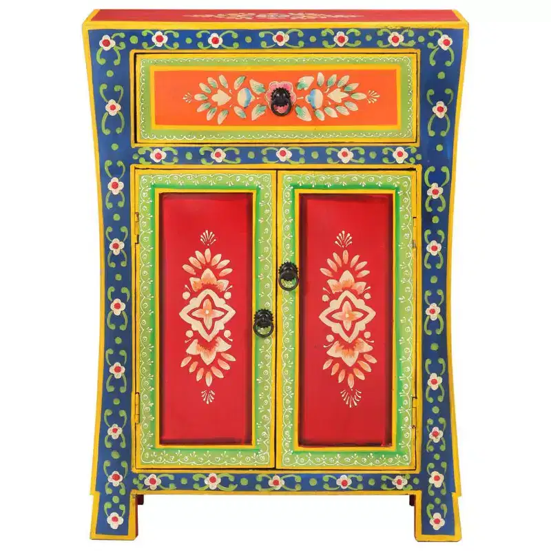 Small Sideboard, Mixed Color Hand-Painted Solid Mango Wood, 2 Doors & 1 Drawer, Retro Style