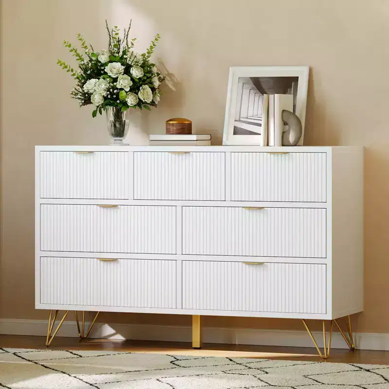 GustoWave 7 Drawer Dresser, 47.2 Wide Modern Dresser Wooden Chest of Drawer with Gold Metal Legs and Handles, Narrow Entryway Table Storage Organizer