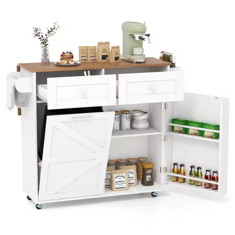 Costway Rolling Kitchen Island Kitchen Island Cart with Drop Leaf Trash Can Cabinet Black/White