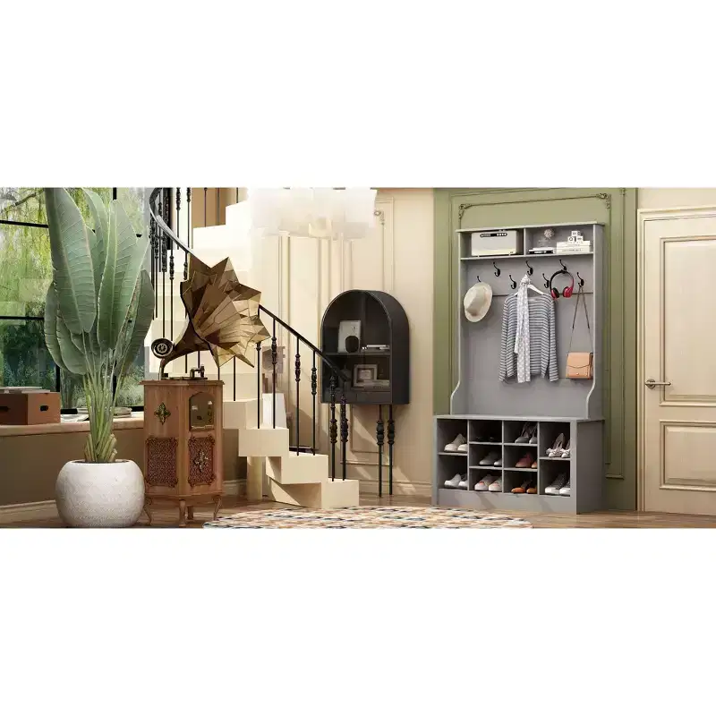 Famapy Wood 3-in-1 Hall Tree Bench with Double Hooks and Shelves