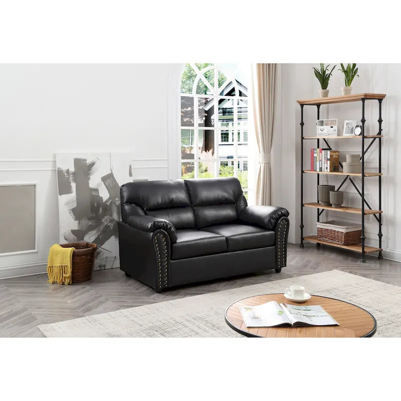 Black Faux Leather Loveseat, Contemporary 2-Seat Sofa
