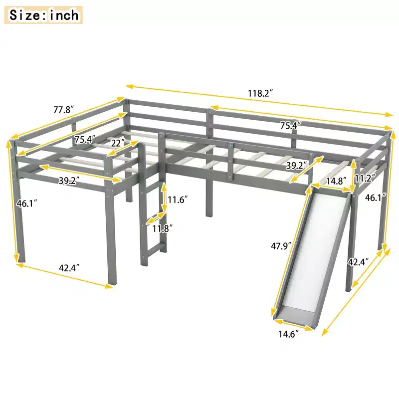 Wooden Twin Size Double Loft Bed with Slide, L Shaped Loft Bed Frame with Full-Length Guardrail for Kids Bedroom