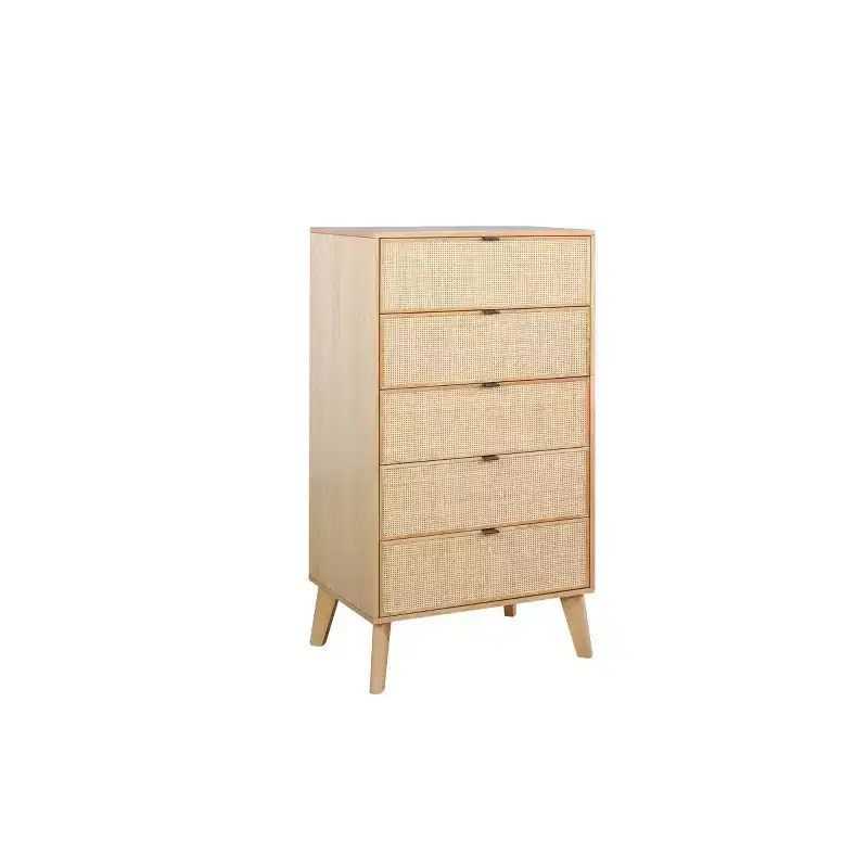 Boho Wood Rattan 5 Drawer Chest Dresser Natural