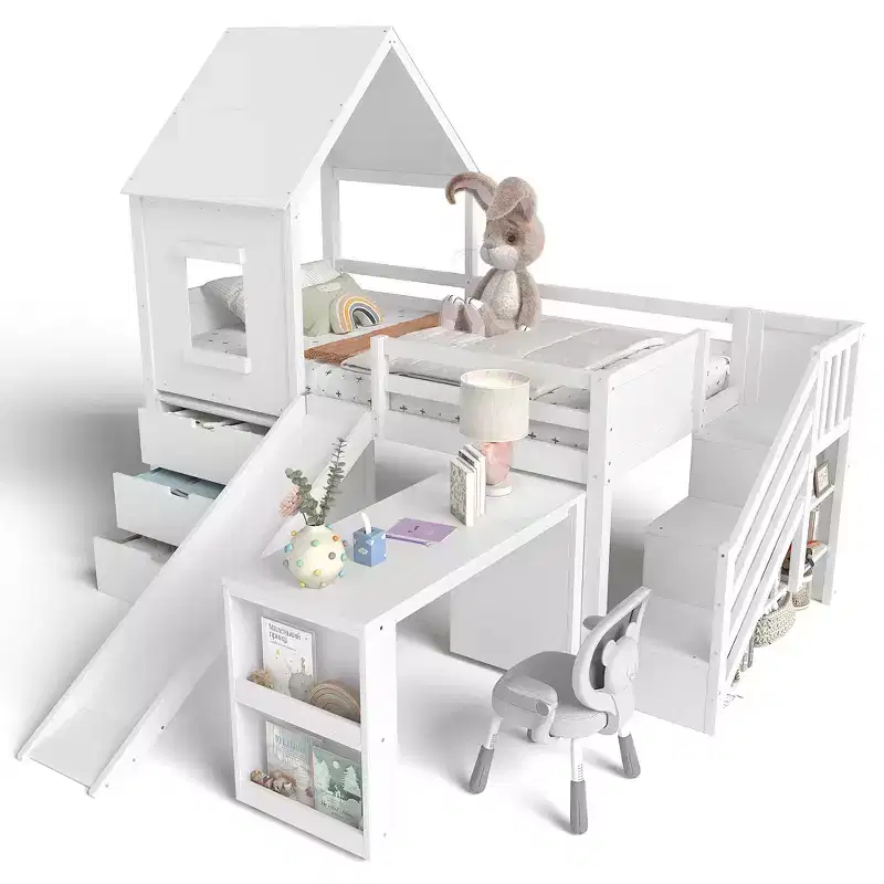 Wood Twin Loft Bed with Slide, Removable Desk & Storage Stairs