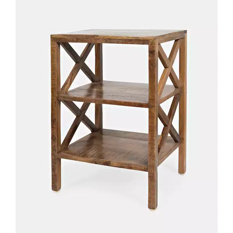Solid Mango Wood X-Side Accent Table with 2 Shelves – 24