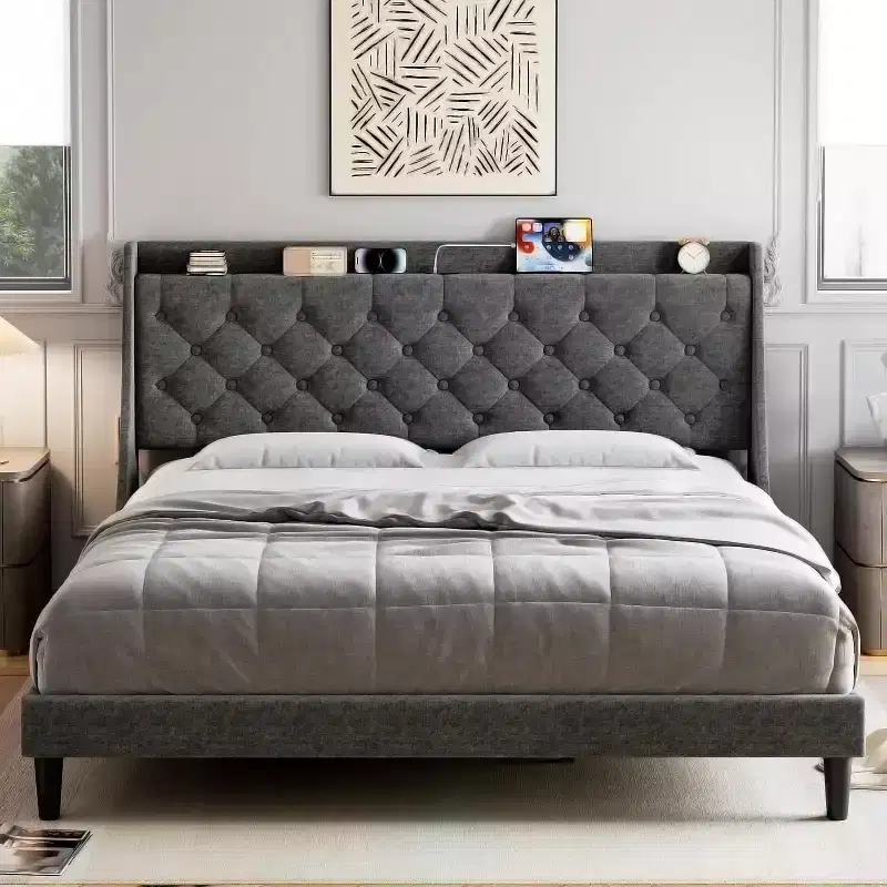 Modern King Upholstered Bed - USB Charging Headboard with Storage, Button Tufted & Noise-Free, No Box Spring (Dark Gray)