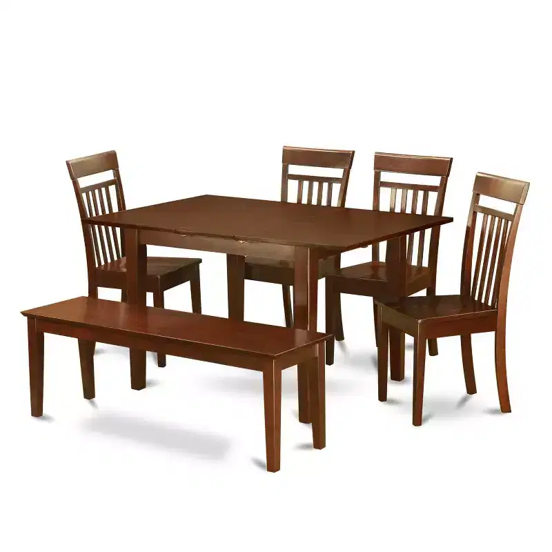 Asian Dining Room Set - 6 Piece Table & Chair Set - Solid Wood Kitchen Table with Bench