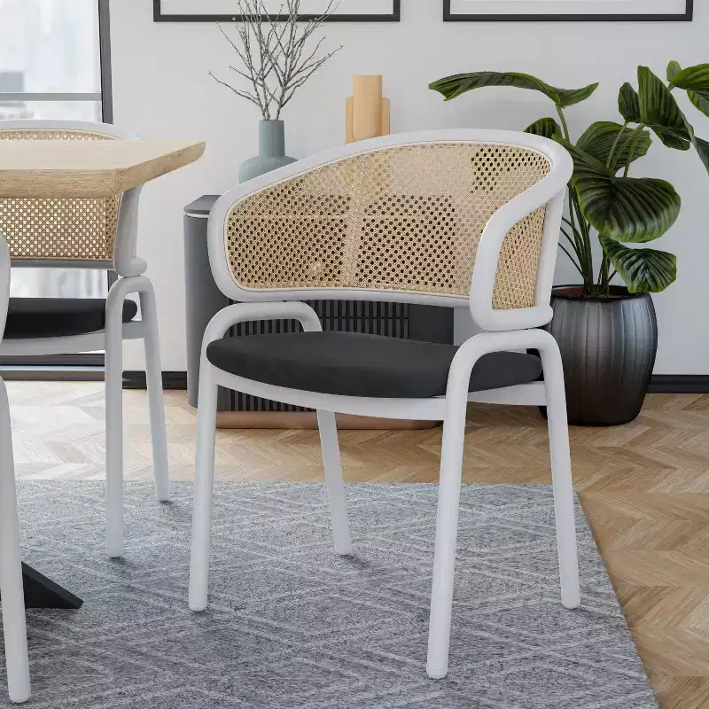 LeisureMod Ervilla Wicker U-Shaped Back Dining Chairs Set of 2 with Leather Seats and Steel Frames  Modern Seating for Kitchen, Dining Room, Cafe