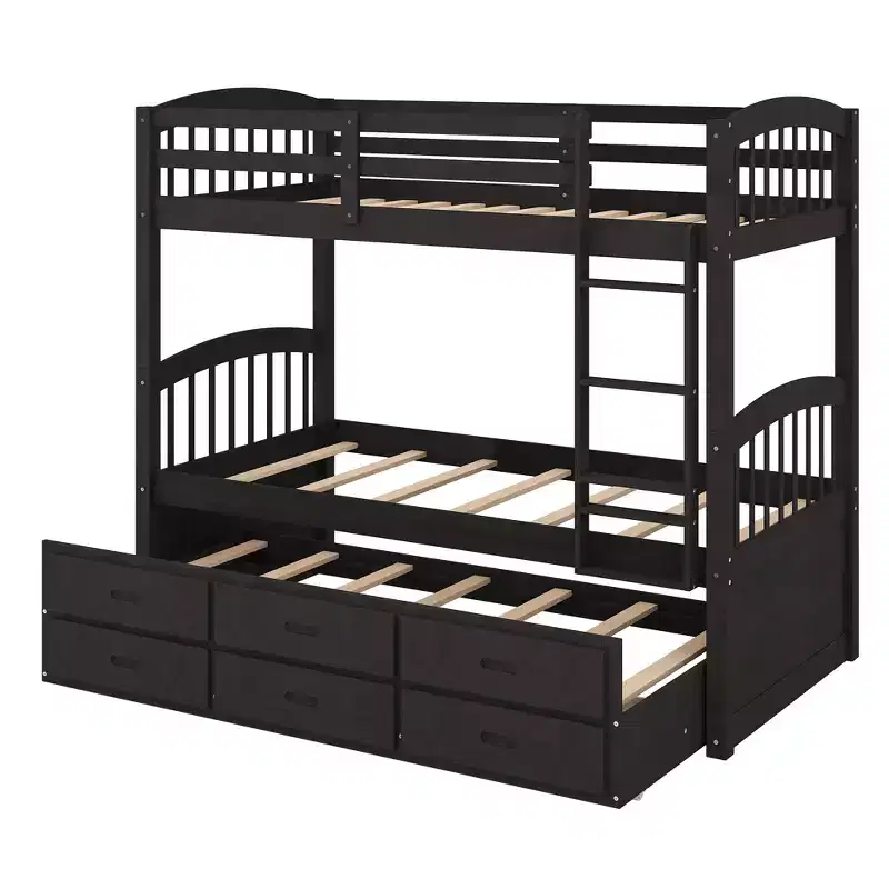 Twin over Twin Wood Bunk Bed with Ladder, Trundle & 3 Drawers – 400 lbs
