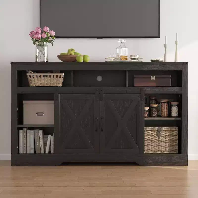 Farmhouse TV Stand for 23 Fireplace, 34'' Tall Entertainment Center for 65''+ TV, TV Console with Sliding Bar Door (without Fireplace)