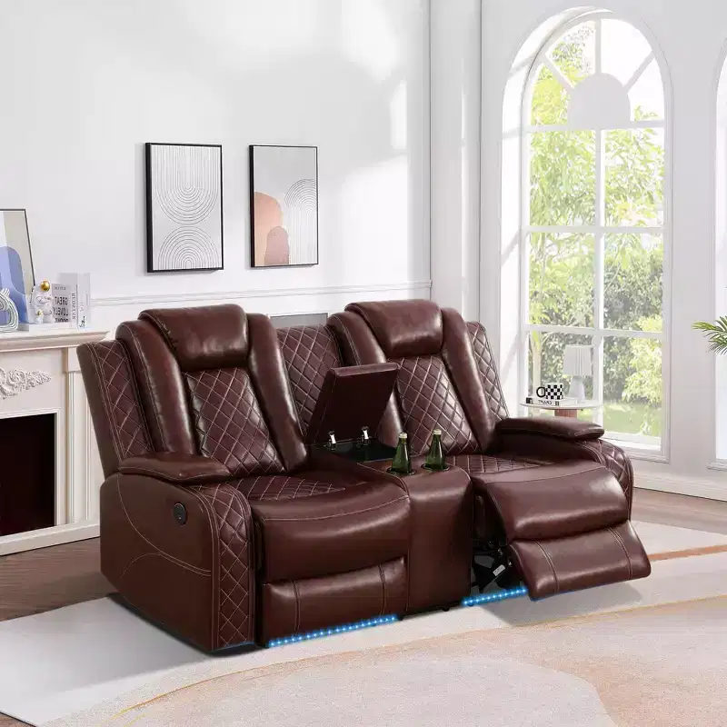 Power Reclining Loveseat Sofa, Electric 2-Seat Leather Recliner with USB Charging, Storage & Cup Holders, Brown