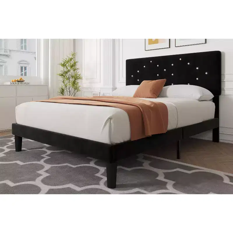 Bed Frames with Button Tufted Headboard, Linen Upholstered Platform Bed with Wooden Slats Support, No Box Spring Required