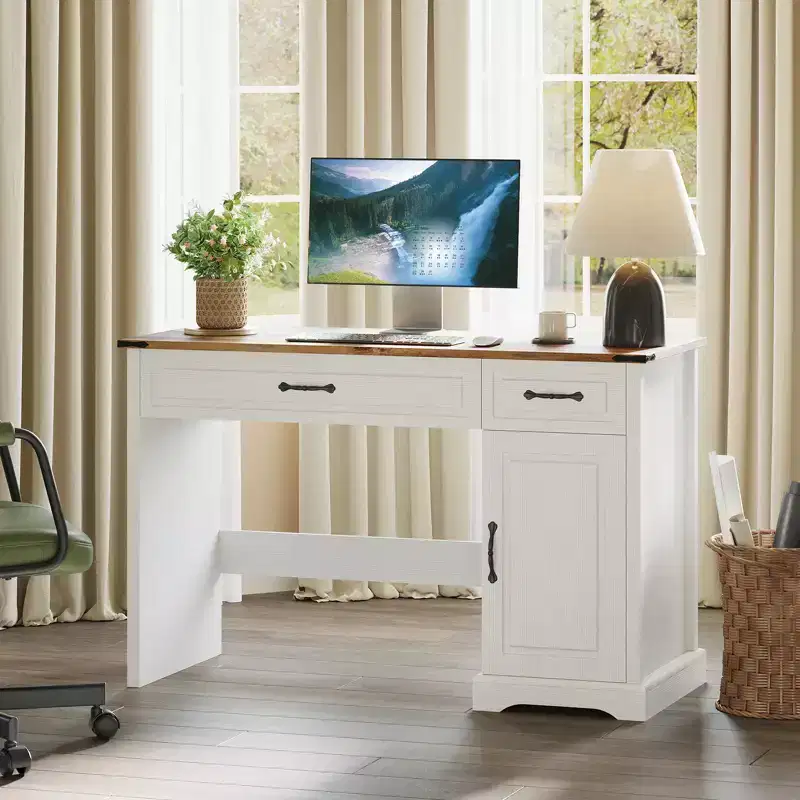 47 Inch Farmhouse Executive Desk, Rustic Home Office Desk with Drawers Storage, Wood Computer Desk Writing Workstation for Home Office & Study