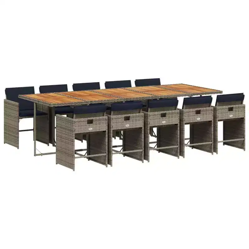 vidaXL 11 Piece Patio Dining Set with Cushions  Outdoor Garden Backyard Furniture  Gray Poly Rattan, Acacia Wood Tabletop, Navy Blue Cushions
