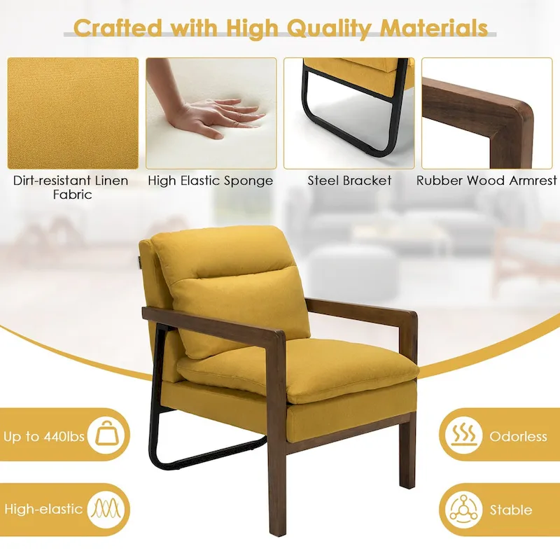 Costway Modern Accent Armchair Lounge Chair w/ Rubber Wood Legs & - 34.5 x 26.5 x 36