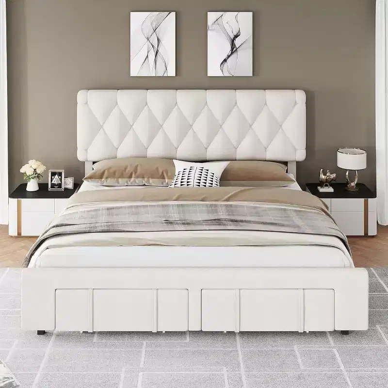 Full Upholstered Platform Bed Frame with 2 Storage Drawers – Wood Slat Support, Beige