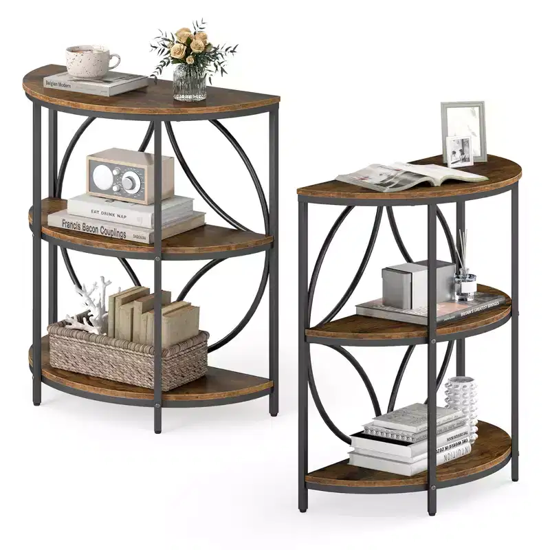 Costway 3-Tier Half Round End Table Set of 2 w/Study Metal Frame Storage Shelves Rustic Brown
