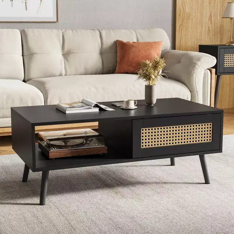 Modern Coffee Table with Storage, Rattan Rectangle Center Table with Sliding Door, Wooden Accent Cocktail Table for Living Room Bedroom Office
