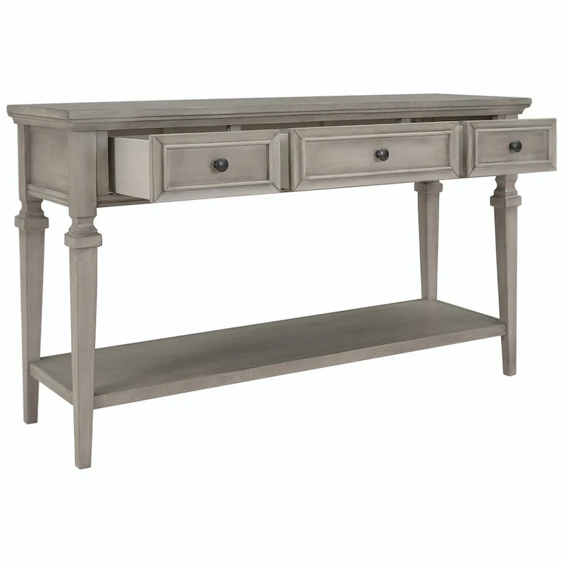 Retro Style Console Table with 3 Drawers and Open Bottom Shelf - Gray Wash