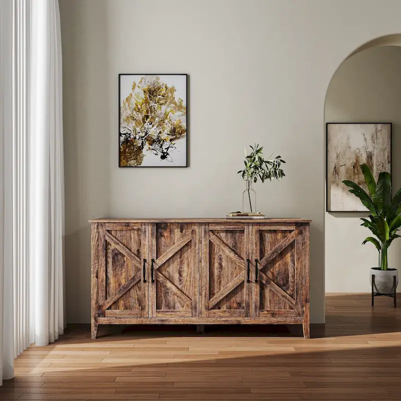 Cabinet with 4 Doors and 4 Open Shelgves,Freestanding Sideboard Storage Cabinet Entryway Floor Cabinet for Living Room Office