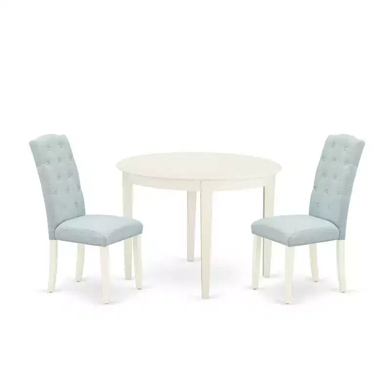 3Pc Dinette Set - Kitchen Table & 2 Chairs - Small Round Table - Linen White & Baby Blue