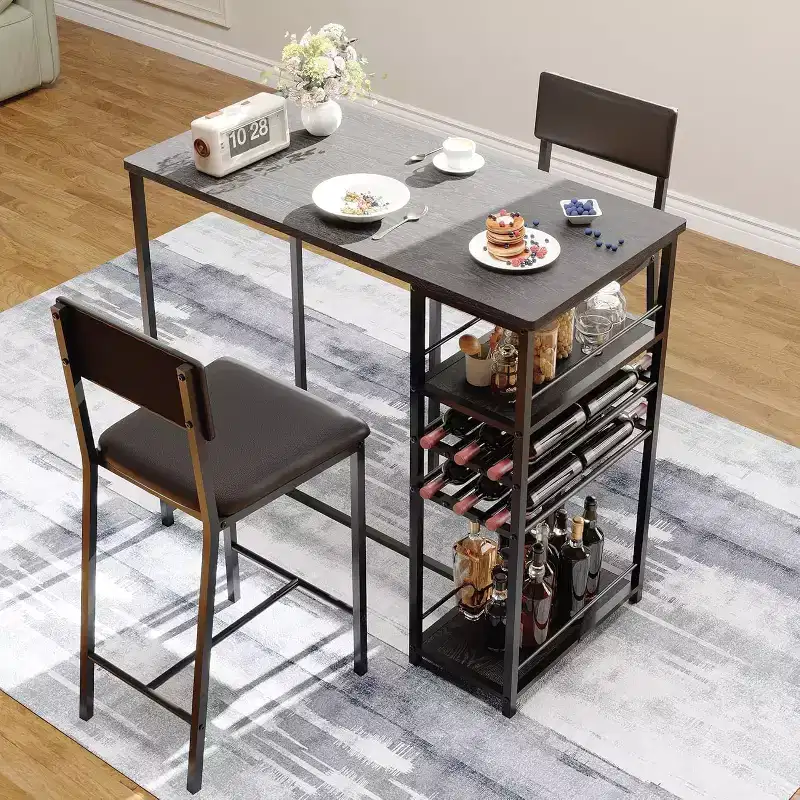 Fulvari Set for 2 Dining Table with Open Storage Shelves, Cup Holder & Wine Rack, Bar Table and Chair for Apartments Kitchen Corners Small Space