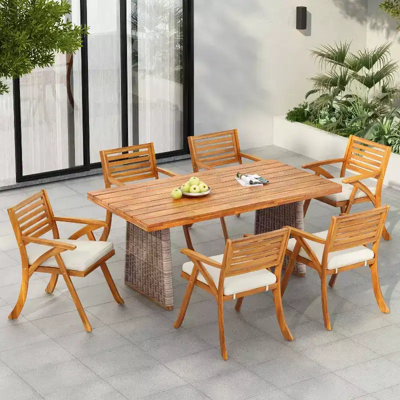 Christopher Knight Home Diana Rustic 7 Piece Outdoor Rattan Slatted Acacia Wood Dining Set with Cushions