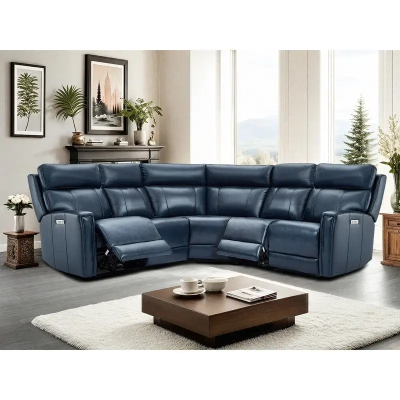 Genuine Leather Power Recliner Sectional Sofa with Ajustable Headrest, Dual Power, USB&USB-C Port