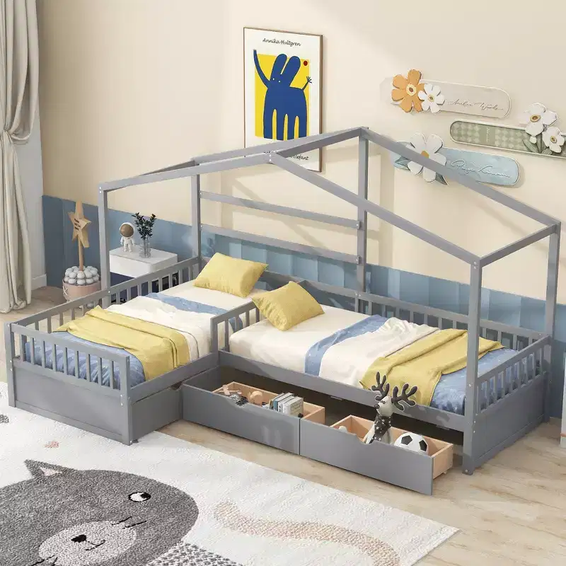 Whisen Twin Size House Platform Bed with Three Storage Drawers