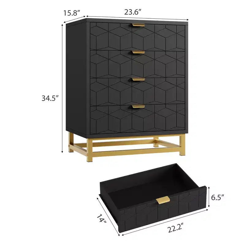 Modern Nightstand with 4 Drawers, Wooden Accent End Table with Metal Legs, Sofa Side Table for Small Space, 4 Drawer Dresser for Bedroom