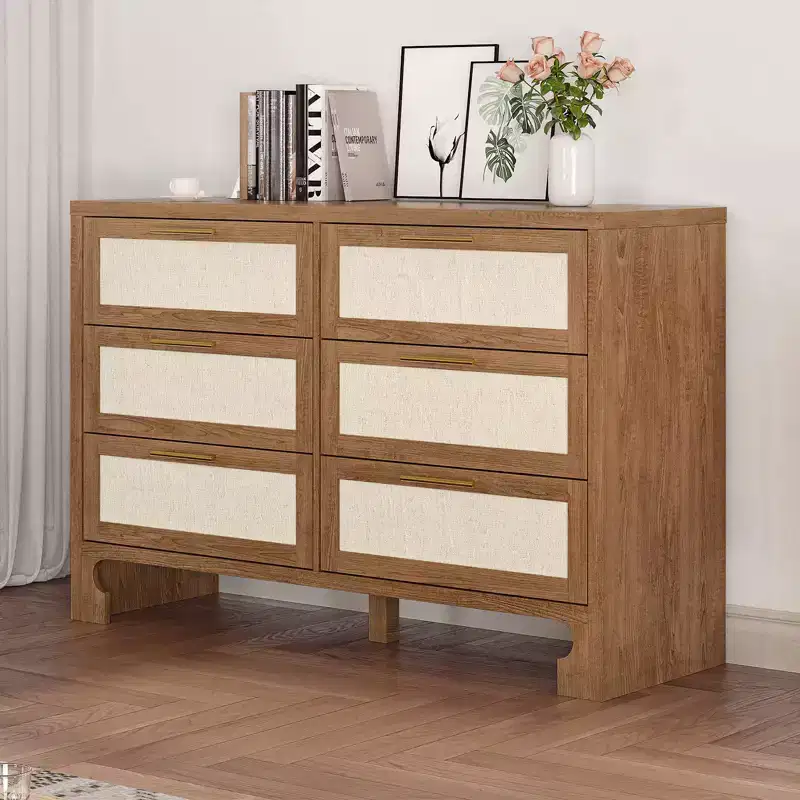 6 Drawers Dresser for Bedroom, Mid Century Modern Dresser Wooden Burlap Dressers, Storage Cabinet, Boho Wide Dresser & Chest of Drawers