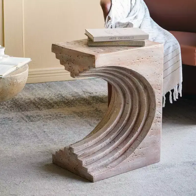 GDFStudio Taehyung Modern Lightweight Concrete Sculptural Arched Side Table with Faux Travertine Finish