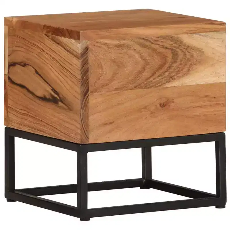Solid Acacia Wood Side Table with Black Iron Base, 11.8
