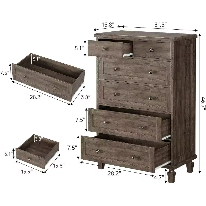 Wood 6-Drawer Dresser with Tapered Legs — Distressed Finish