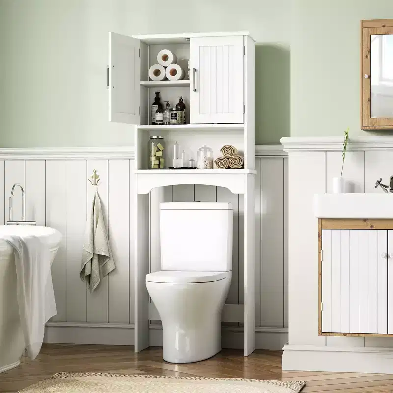 Over The Toilet Storage Cabinet, Double Door Bathroom Storage Organizer with Anti-Tip Device