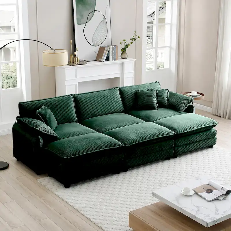 6-piece Corduroy Upholstered Modular Sleeper Sectional Sofa with 3 Removable Ottoman and 5 Pillows, Free Combination
