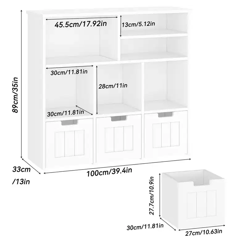 Toy Storage Organizer & Kids Bookcase with 3 Movable Drawers & Hidden Wheels, White