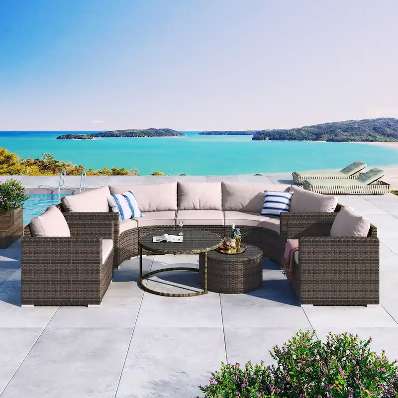 9-Piece Half-Moon Sectional Set with Nesting Table & Armchairs