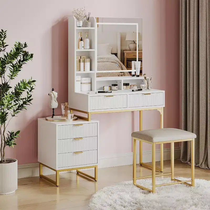 White Vanity Makeup Desk with Mirror and 3-Mode Adjustable Lights, 5-Drawer Vanity Table with Removable Side Storage Cabinet, Stool for Bedroom