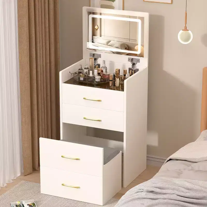 3 in 1 Makeup Vanity Desk Compact Vanity Table Dressing Table with Bench, Lighted Mirror, Drawers & Visible Glass Desktop, White - ModernLuxe