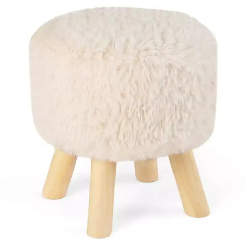 Costway Round Footstool Ottoman Faux Fur Upholstered Footrest with Padded Seat White