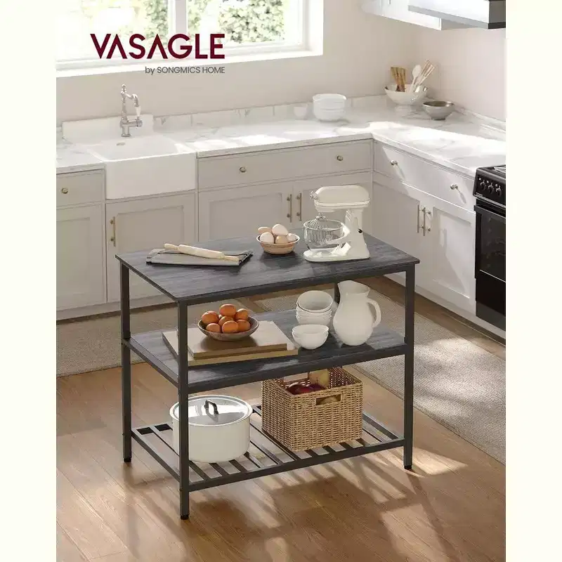 VASAGLE 3 Tier Kitchen Island, 39.4 Inches Kitchen Shelf with Large Worktop, Industrial, Rustic Brown and Black