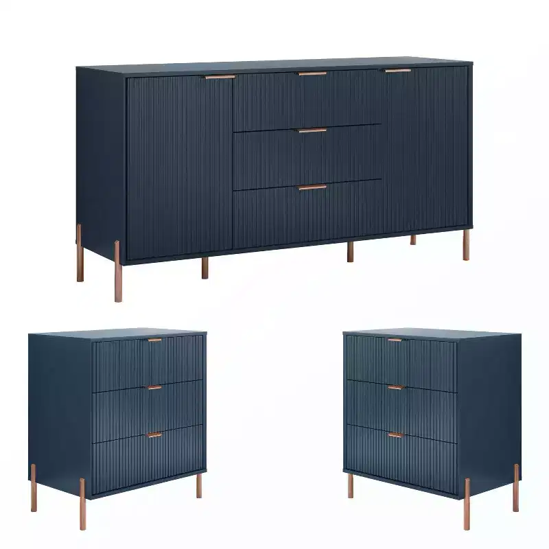 Festivo 3pc Modern Elegance 3 Drawer Nightstands and 3 Drawer Dresser Set Navy