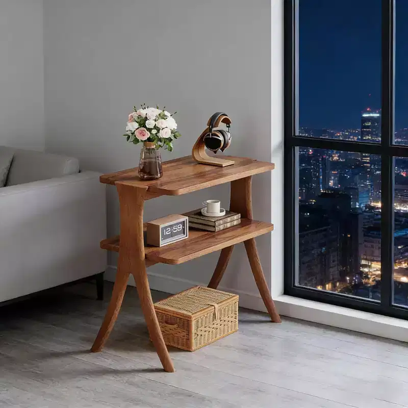 2-Tier Narrow Wood Side Table, Herringbone Legs, Walnut Finish, 26H x 25W x 12D