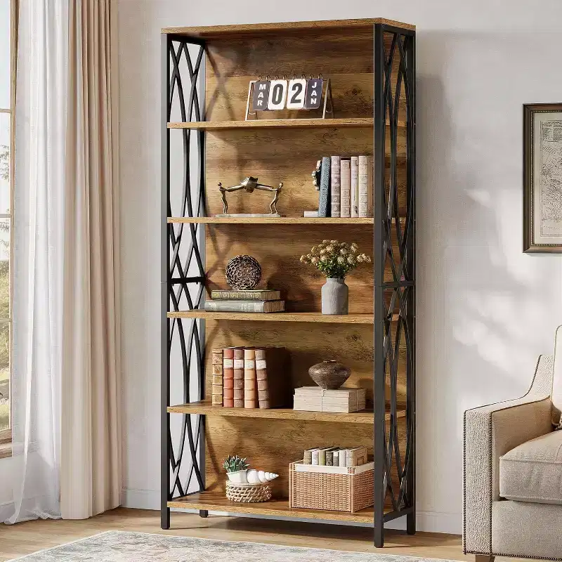 70.87 Industrial Bookshelf, 6-Tier Bookcase with Geometric Metal Frame & Open Storage Shelves for Home Office, Living Room, Brown
