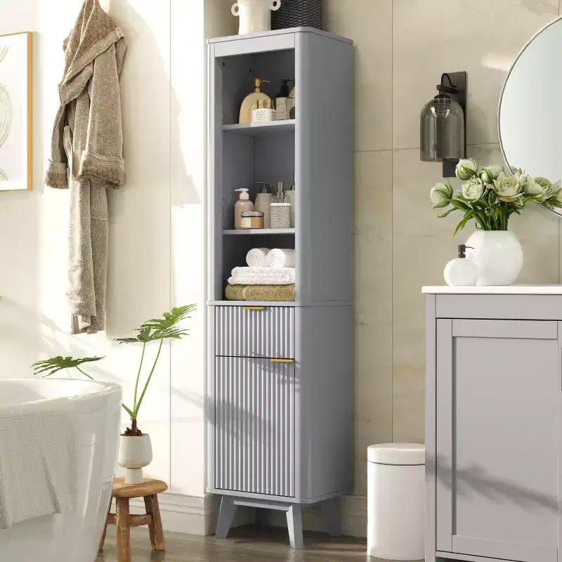 Tall Bathroom Storage Cabinet with Drawer & Door, Fluted Wood, Adjustable Shelves, 68